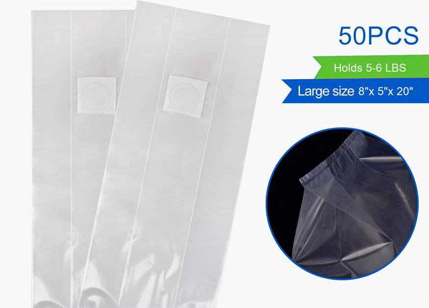 Premium 0.22 Micron Large Spawn Bags 8"x5"x20" (50-PACK)