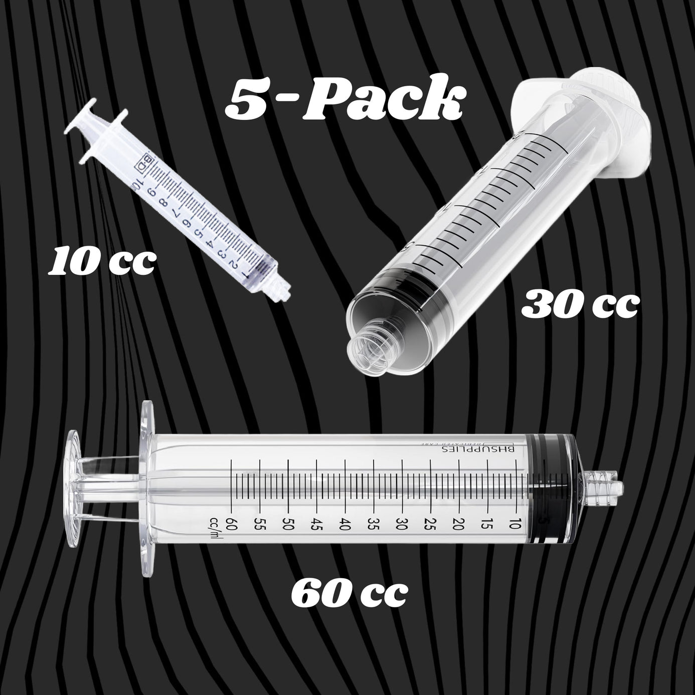 Sterile Syringes Luer Lock Tip 10cc, 30cc or 60cc (5-Pack)