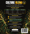 Back of the package for Culture Blend Liquid Culture Premix Formula 15, showing a mixing guide table, preparation steps, ingredients, storage instructions, and a barcode on a black background with gold and white text and mushroom root graphics.